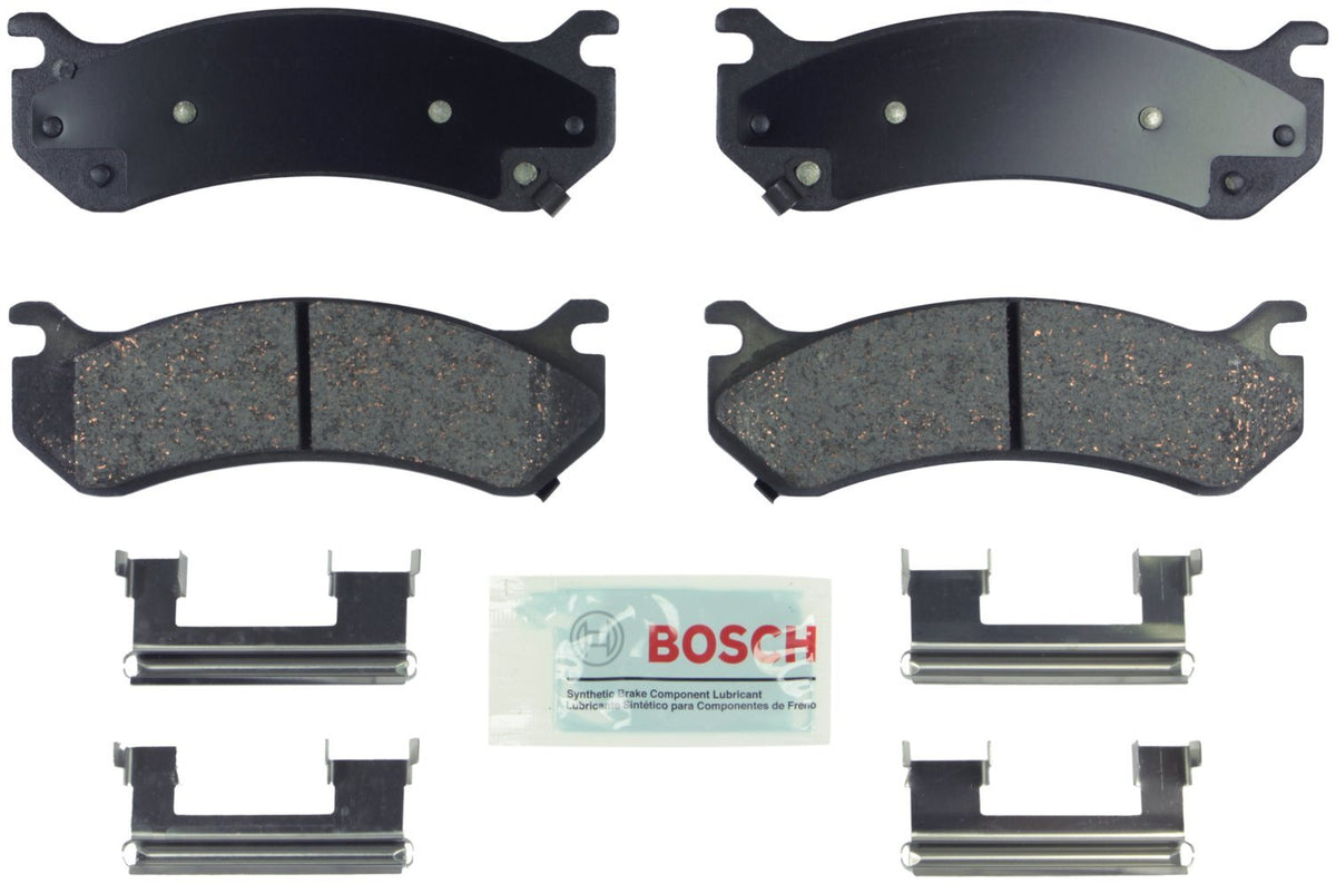 Bosch BE785H front pad set showing pads and hardware for easy OE fit and quiet stops