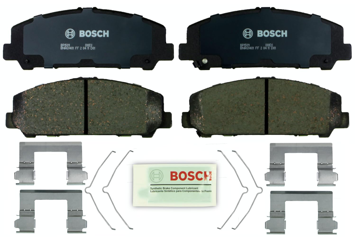Bosch BP1509 front pads assembly showing ready-to-install set and reduced noise