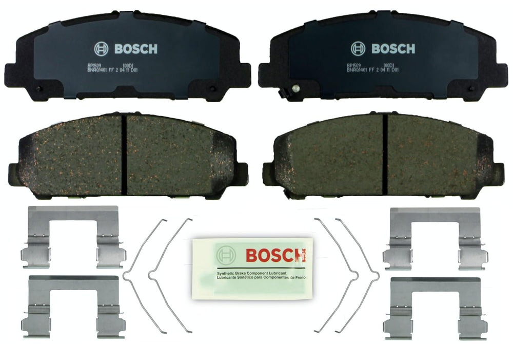 Bosch BP1509 front pads assembly showing ready-to-install set and reduced noise