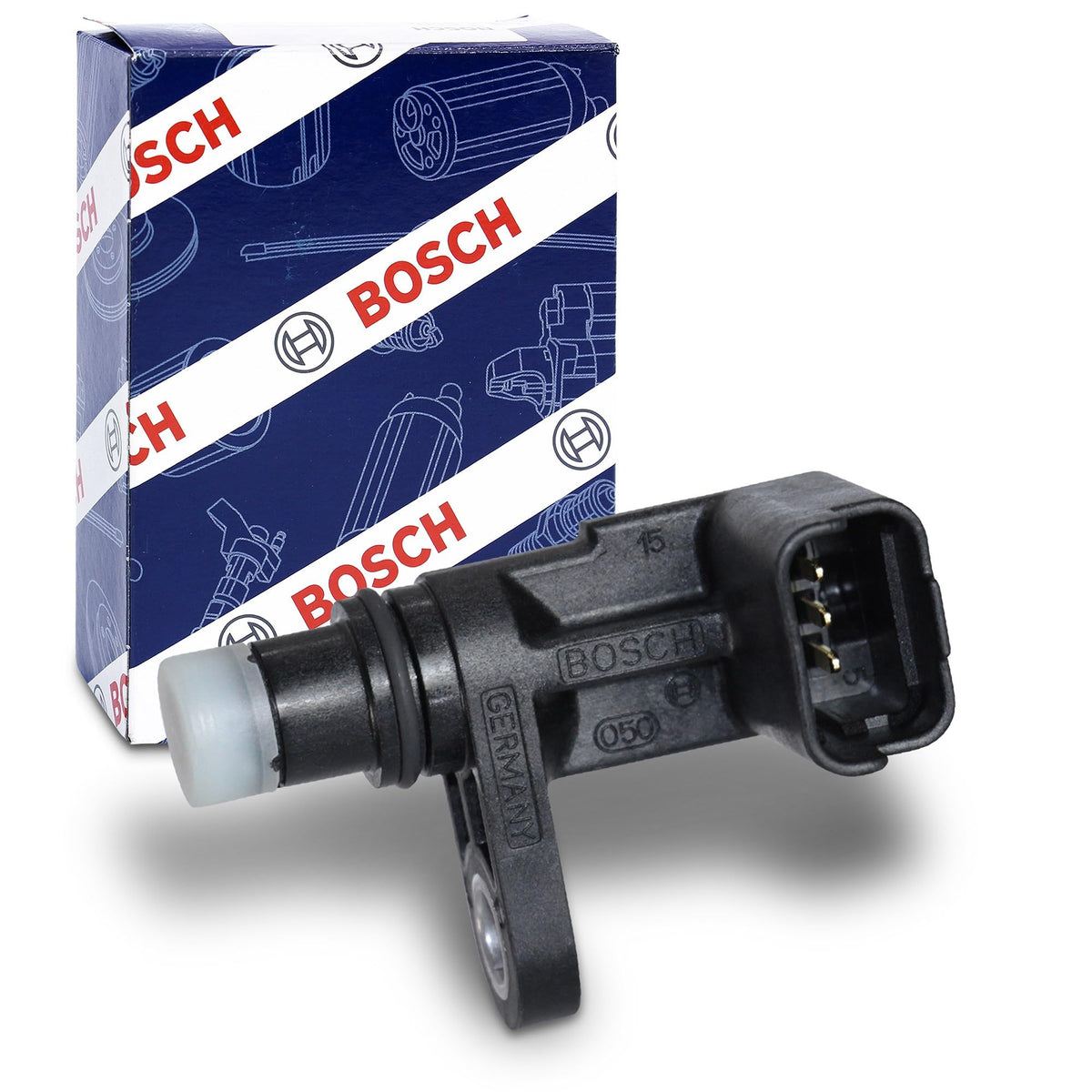 Bosch camshaft position sensor front view showing mounting and benefit of direct-fit replacement