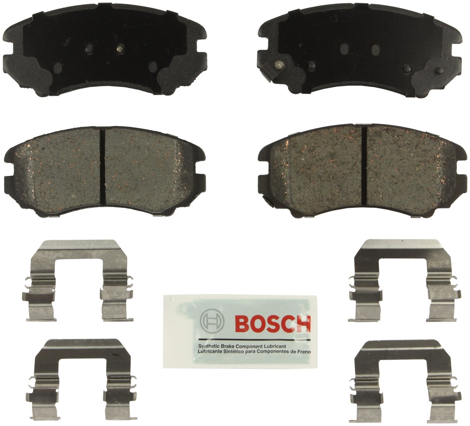 Bosch front packaging showing pads and hardware, Bosch quality and ready-to-install