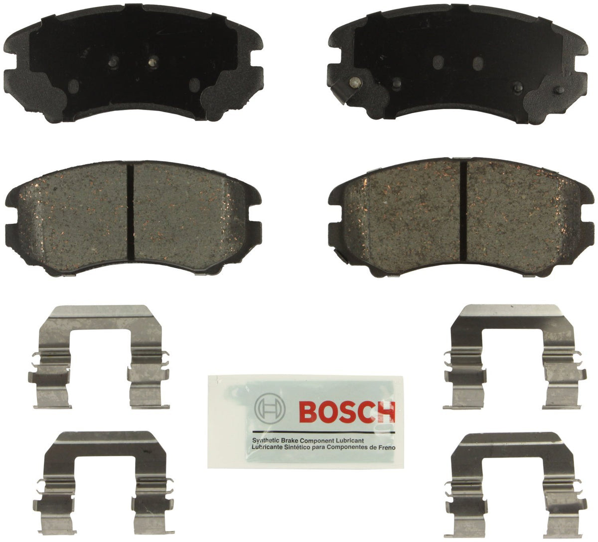 Bosch front packaging showing pads and hardware, Bosch quality and ready-to-install