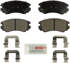 Bosch front packaging showing pads and hardware, Bosch quality and ready-to-install