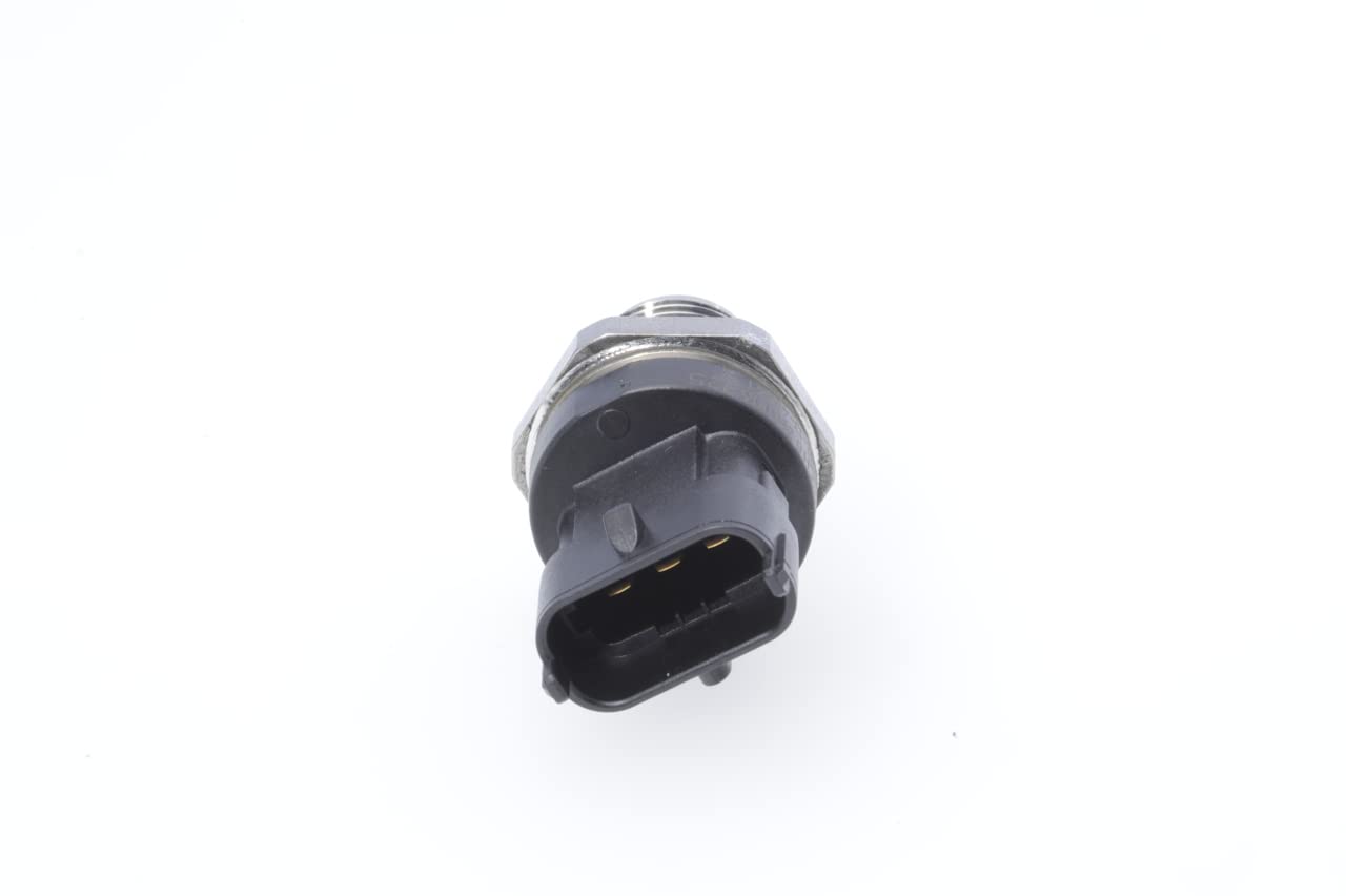 Bosch fuel rail pressure sensor front view showing connector and robust housing, ensuring reliable readings