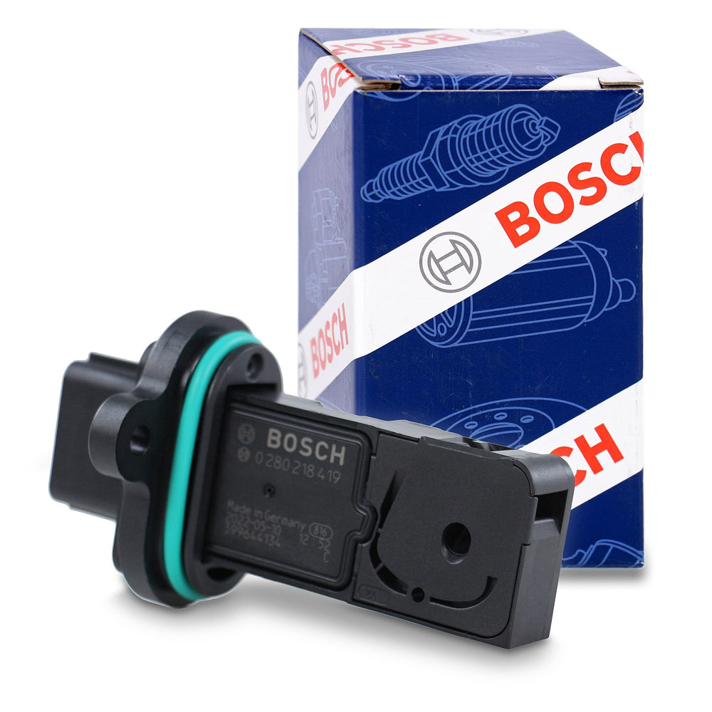 Bosch mass air flow sensor front view showing brand and clean design for accurate readings