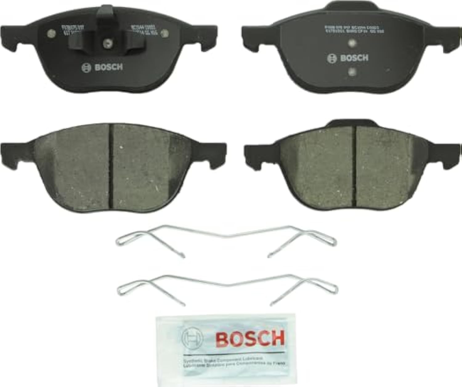 Bosch QuietCast BC1044 front packaging showing included pads and hardware, clear product identification and benefit