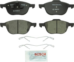 Bosch QuietCast BC1044 close-up of molded shim and powder-coated backing plate, noise reduction and corrosion resistance
