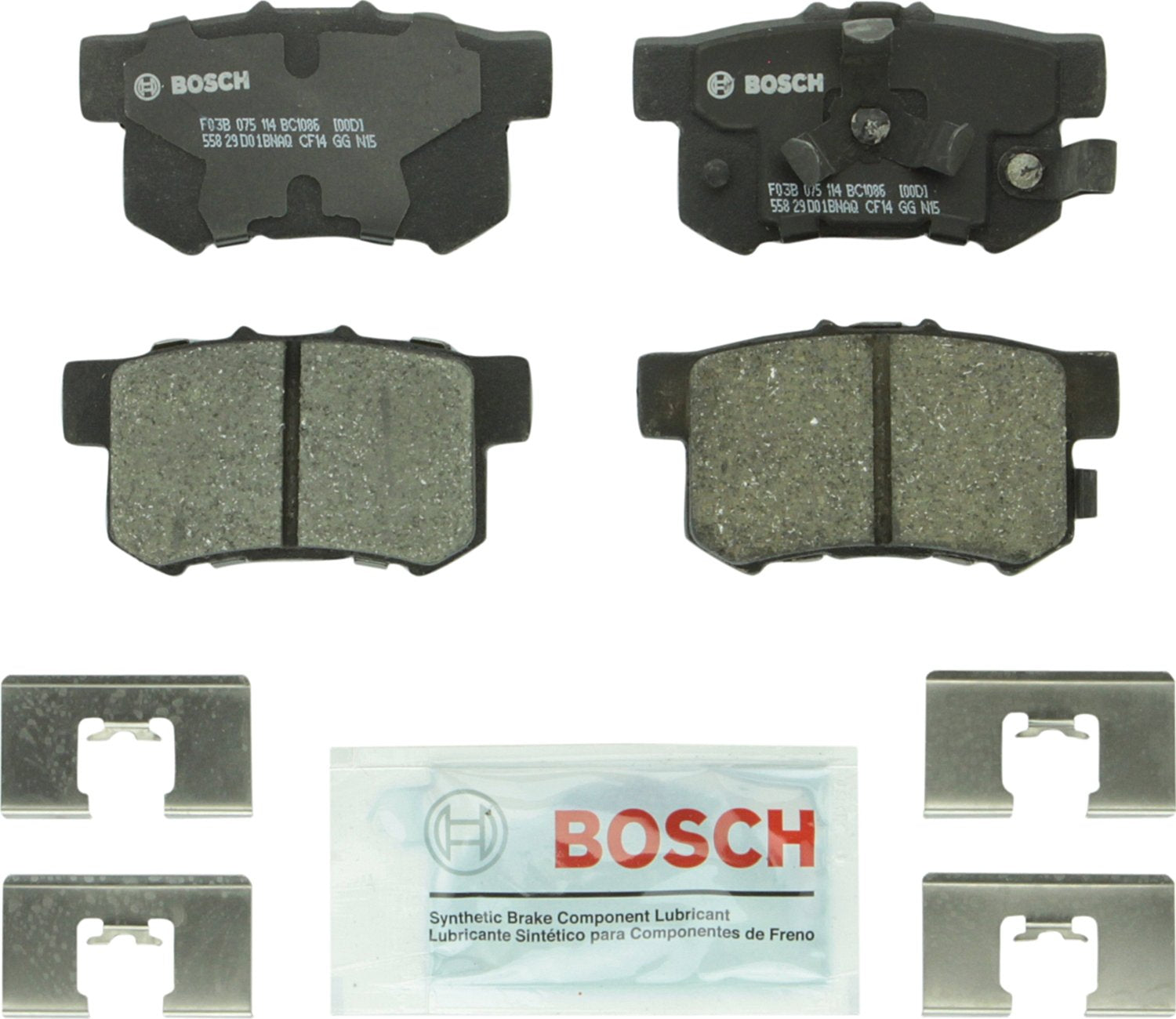 Bosch QuietCast BC1086 front view showing complete rear pad set and hardware, ensures easy installation