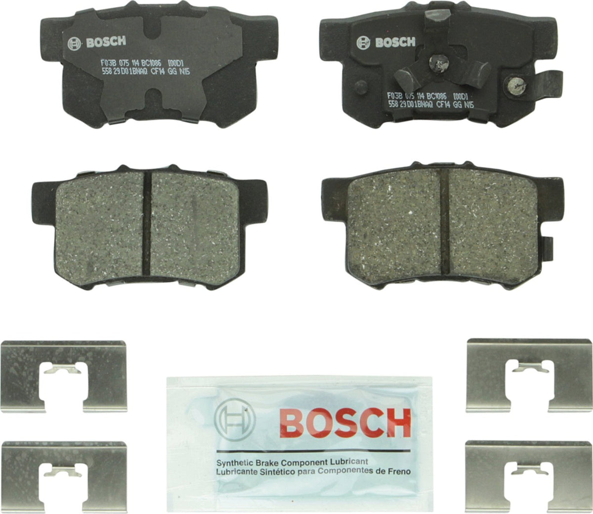 Bosch QuietCast BC1086 front view showing complete rear pad set and hardware, ensures easy installation