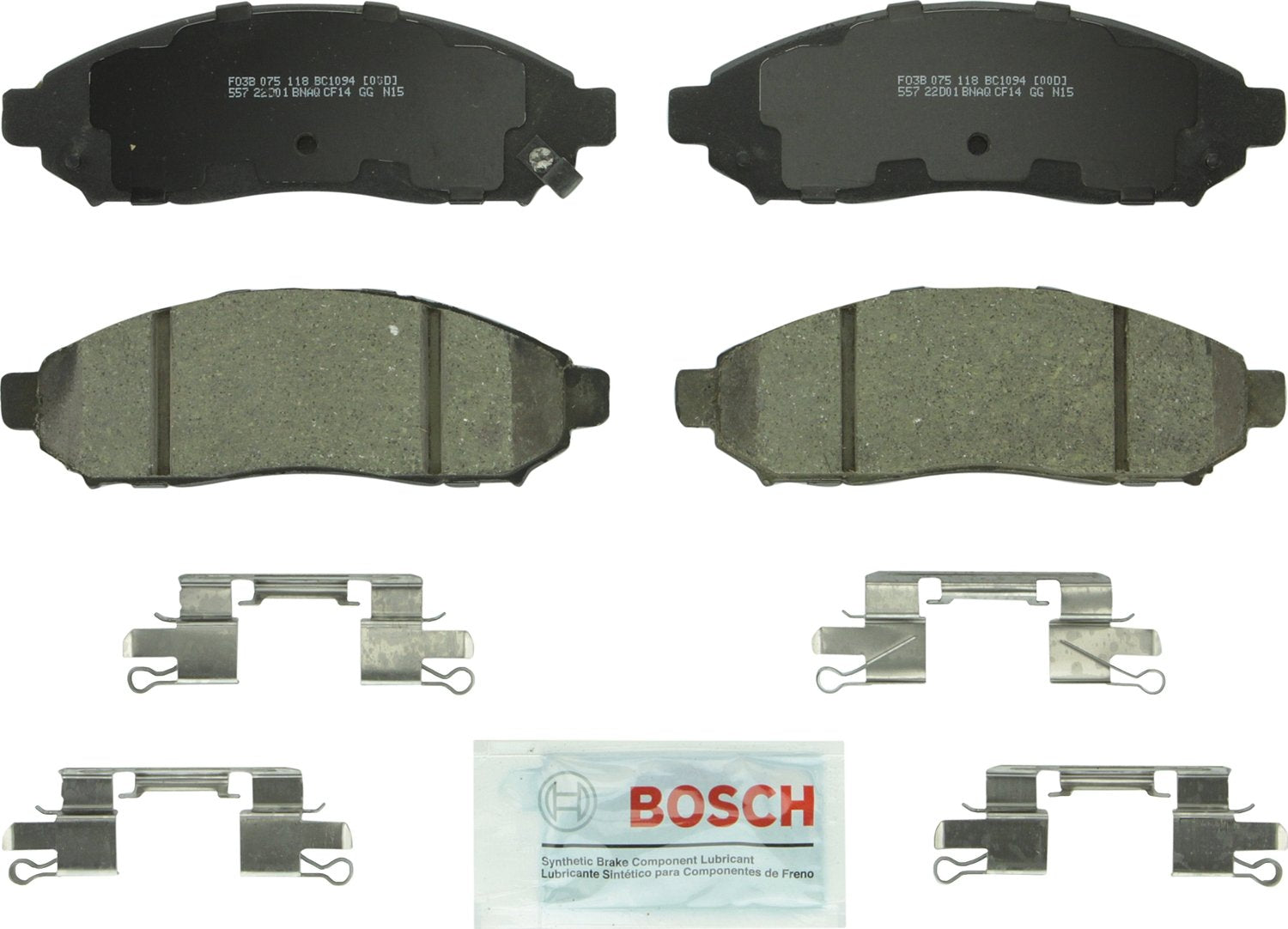 Bosch QuietCast BC1094 front packaging showing pads and included hardware for reliable fit