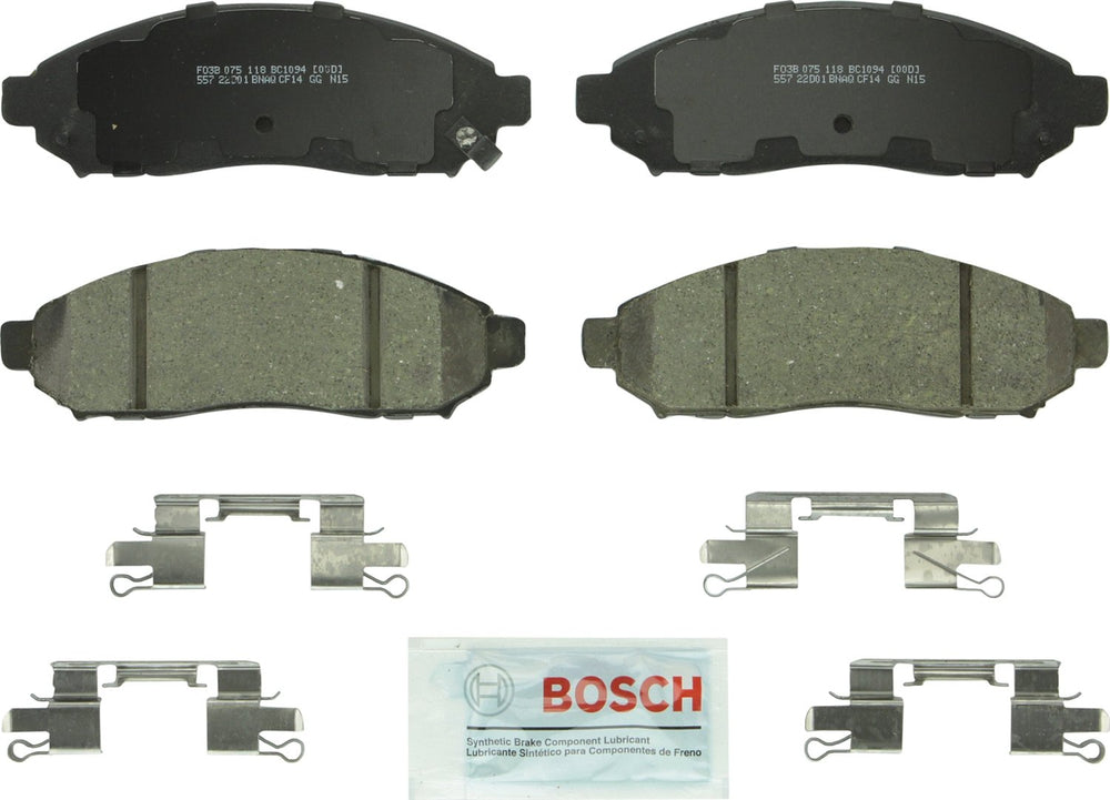 Bosch QuietCast BC1094 front packaging showing pads and included hardware for reliable fit