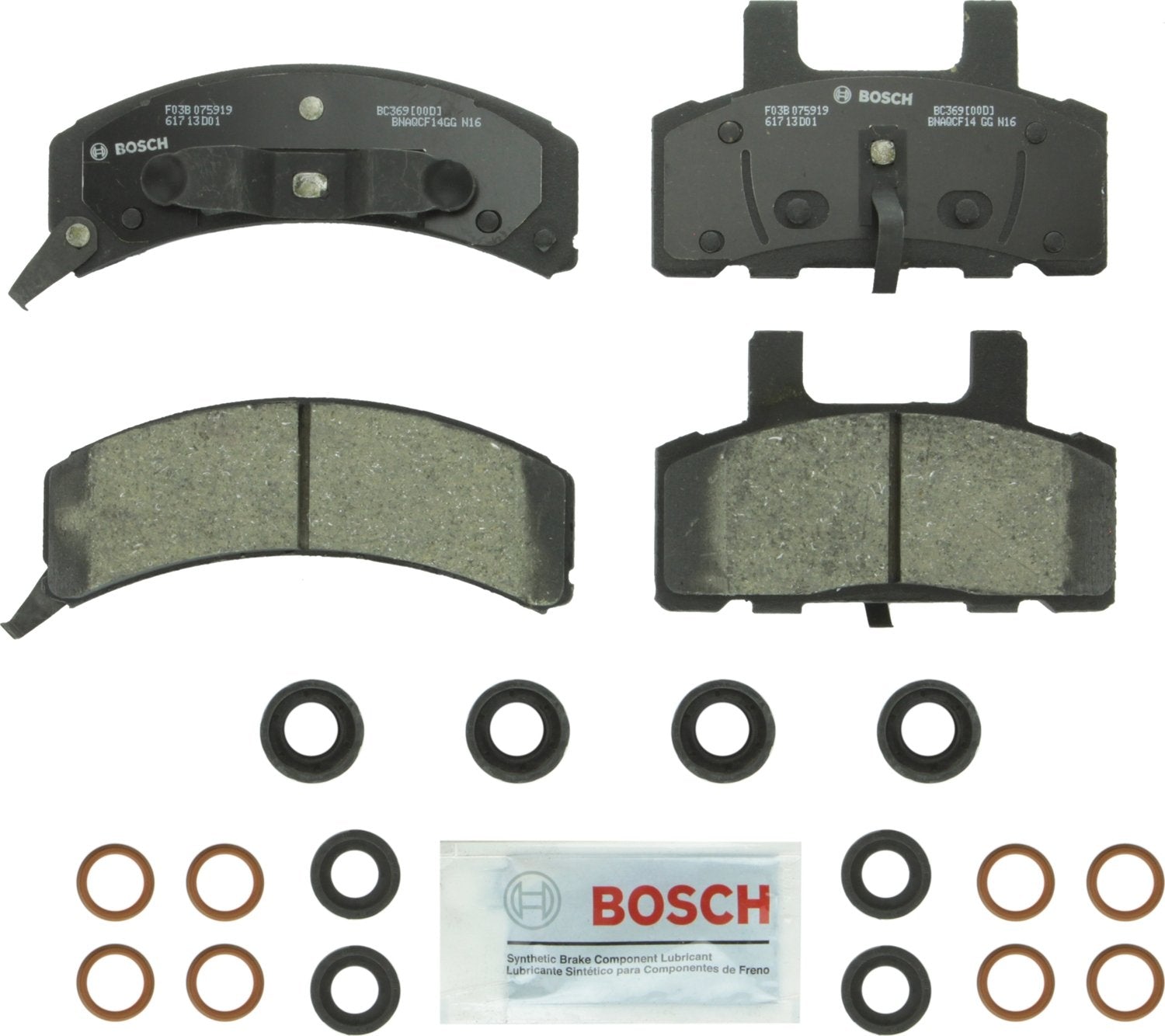 Bosch QuietCast BC369 front packaging showing included pads and hardware, reliable replacement