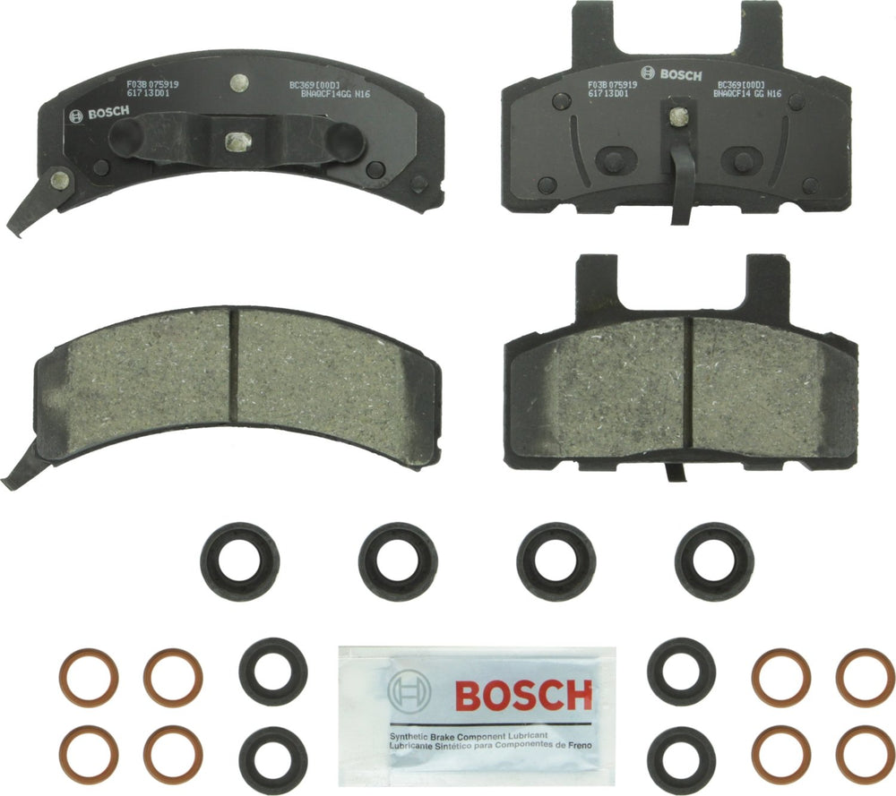 Bosch QuietCast BC369 front packaging showing included pads and hardware, reliable replacement
