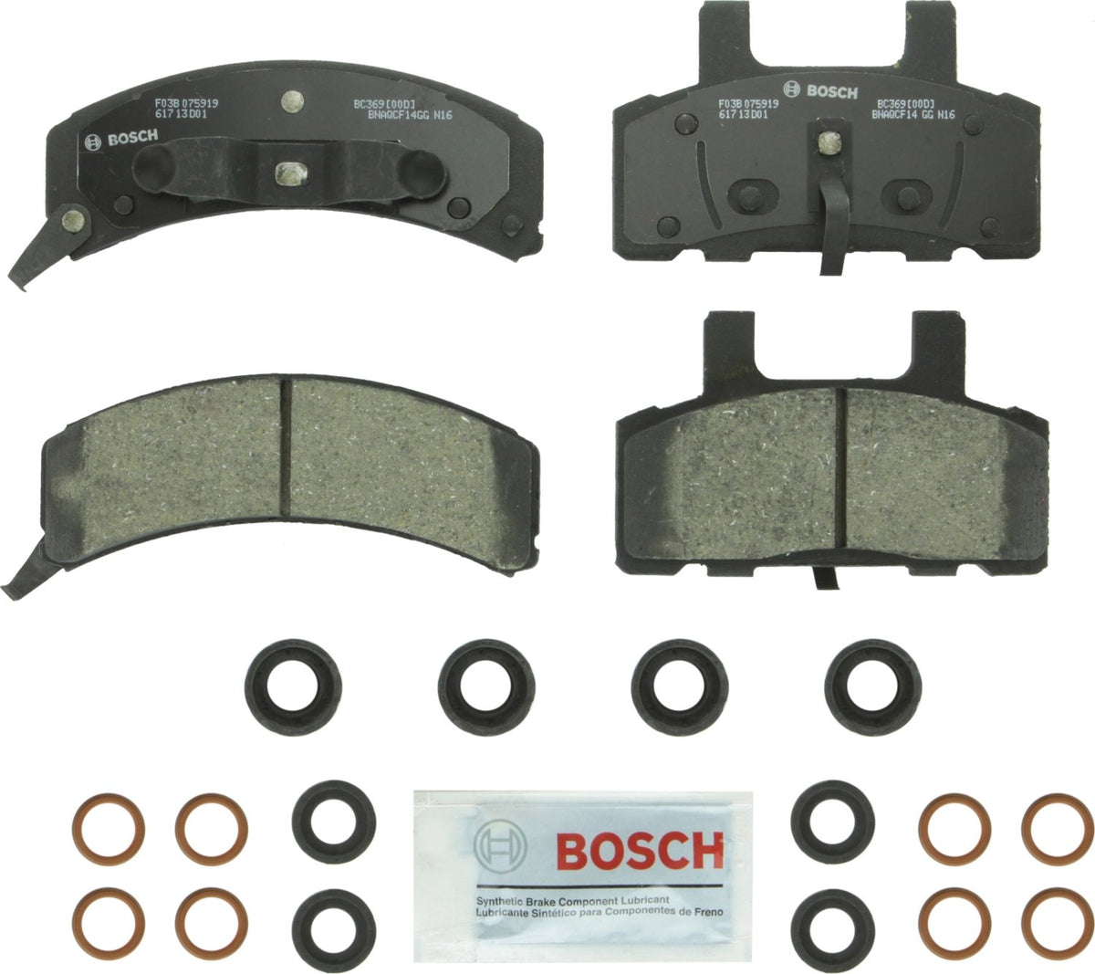 Bosch QuietCast BC369 front packaging showing included pads and hardware, reliable replacement
