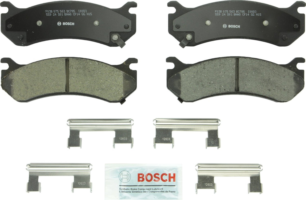 Bosch QuietCast BC785 front packaging showing pad set and hardware, ensures direct-fit confidence