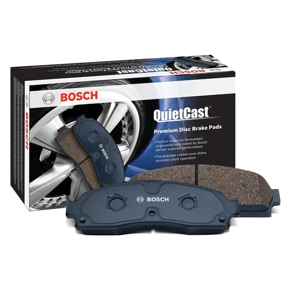 Bosch ceramic pad close-up showing molded shim and surface texture for quiet braking