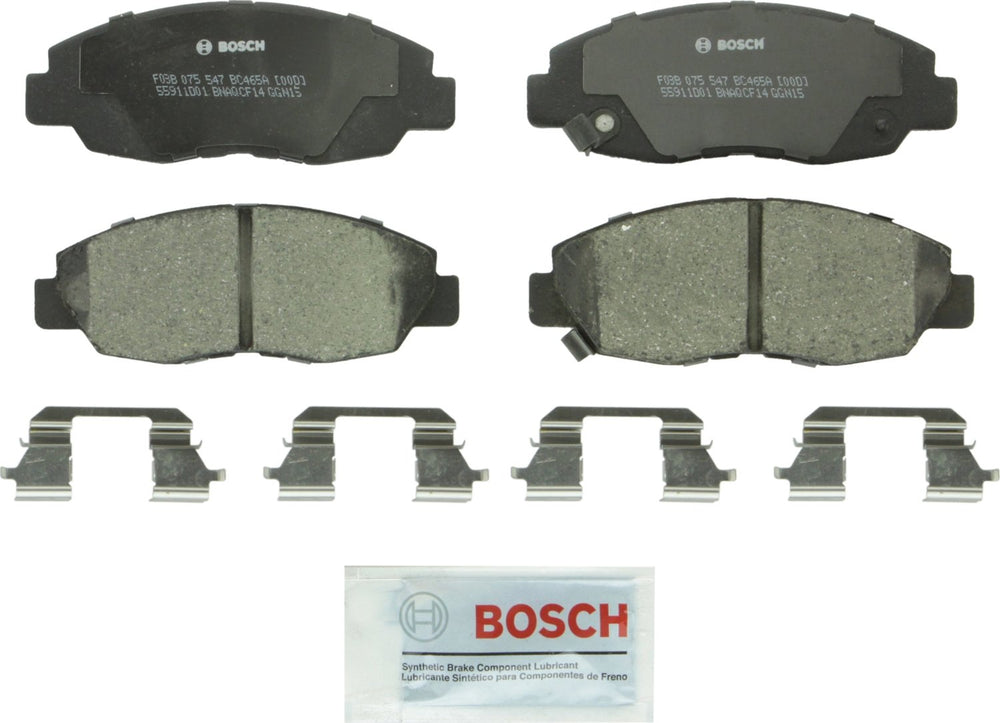Bosch QuietCast front packaging showing pads and hardware, clear fit details