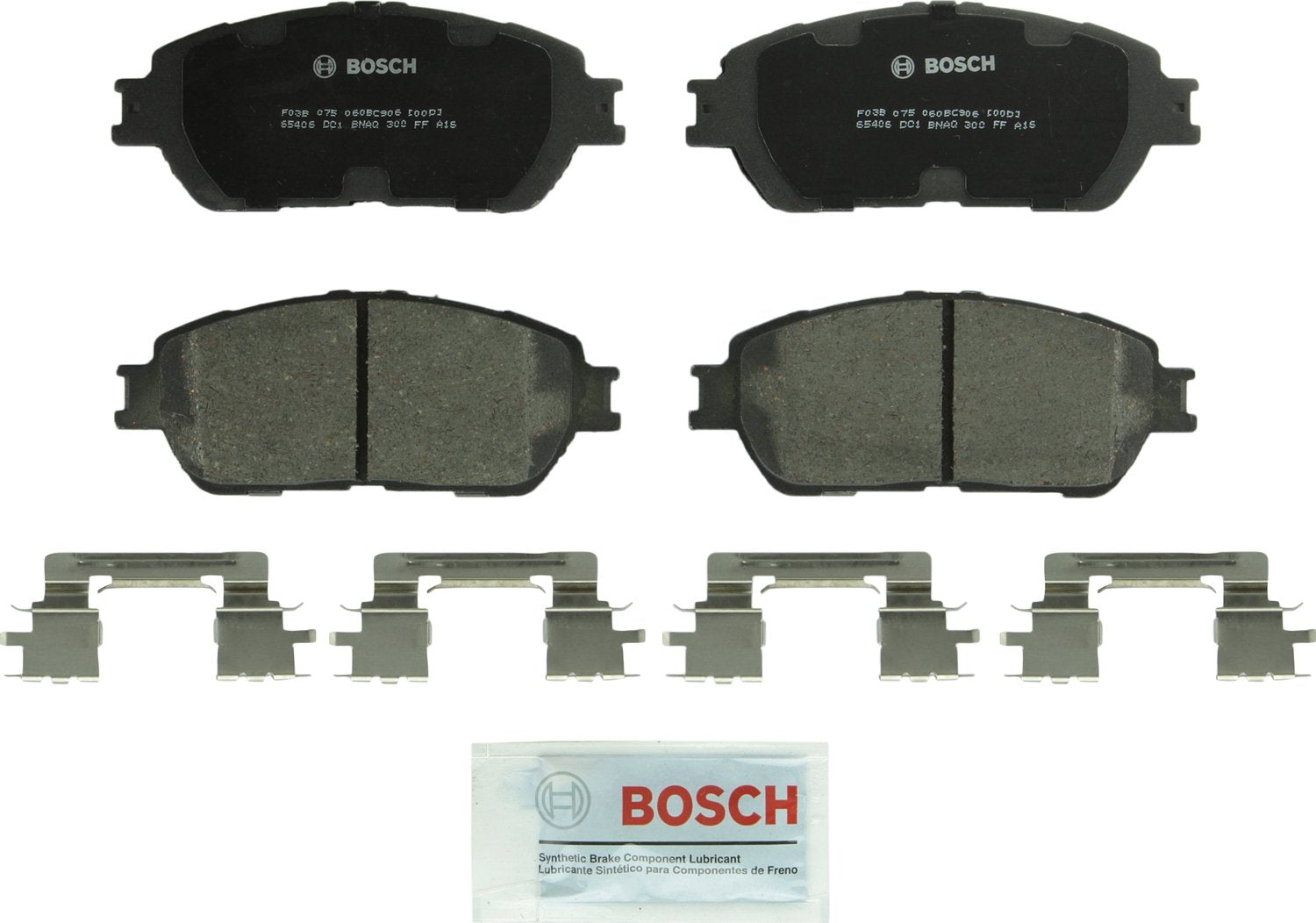 Bosch QuietCast front packaging showing kit contents and fitment benefit