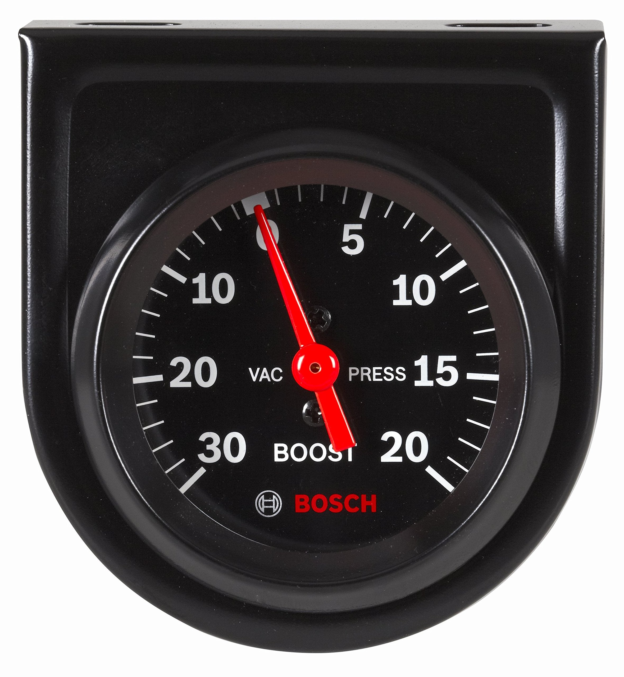 Bosch gauge front view showing black dial and bezel, clear readings benefit
