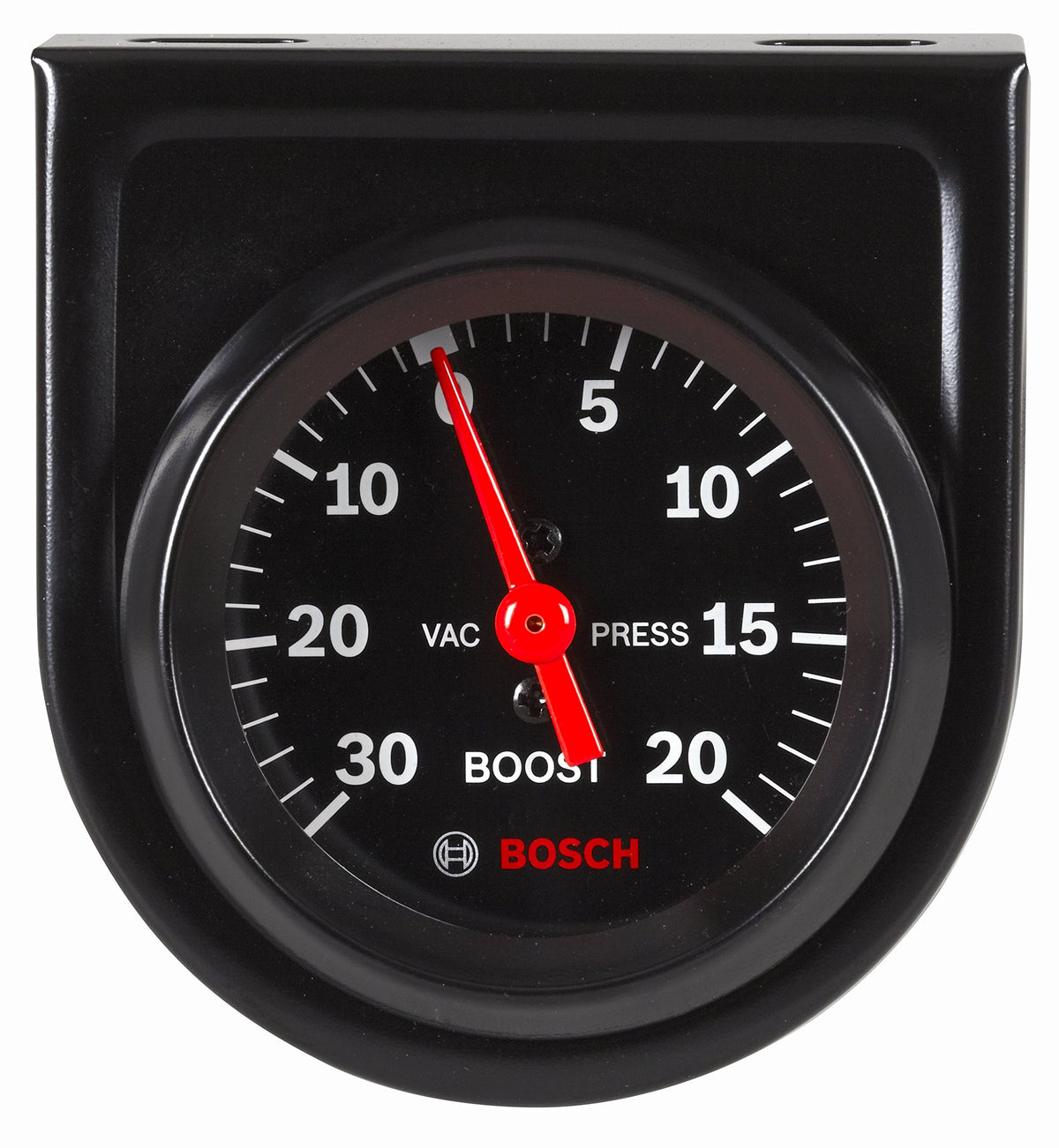 Bosch gauge front view showing black dial and bezel, clear readings benefit
