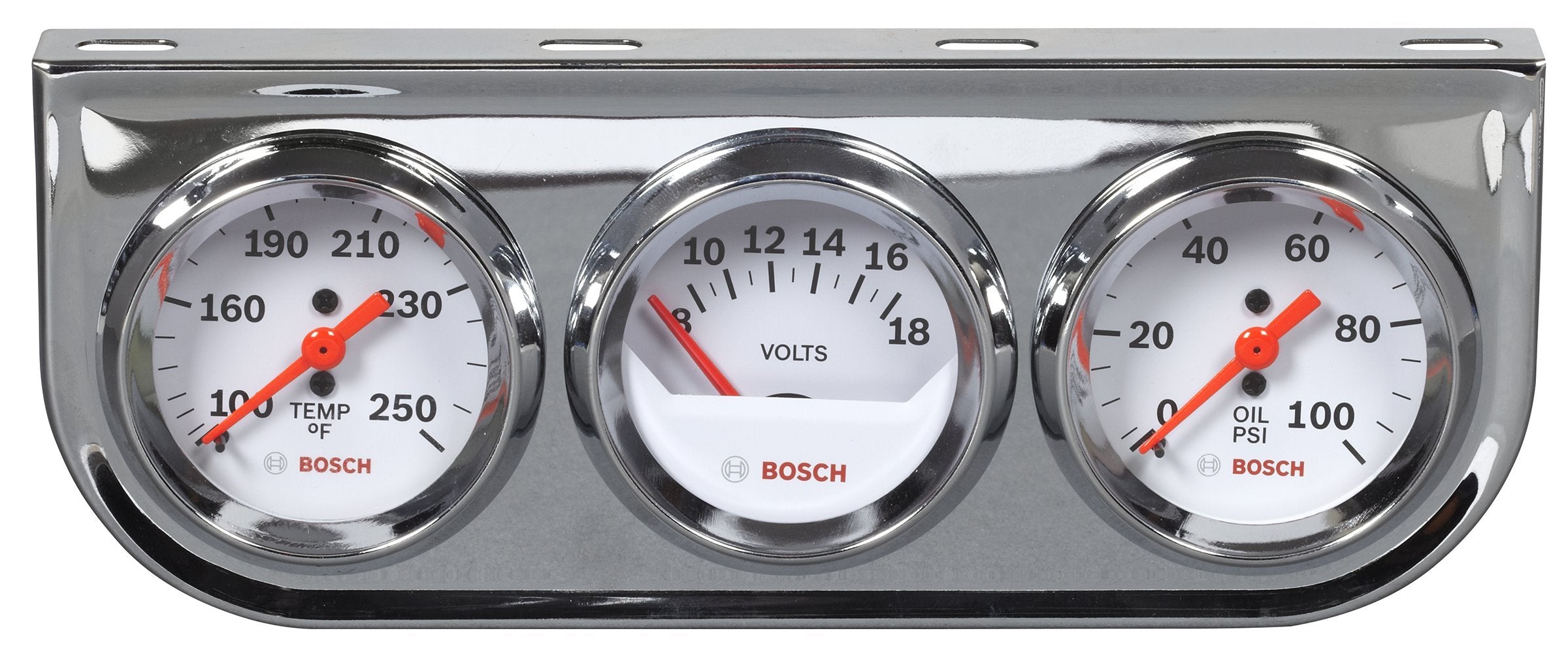 Bosch triple gauge front view showing white dials and chrome bezels for clear readings