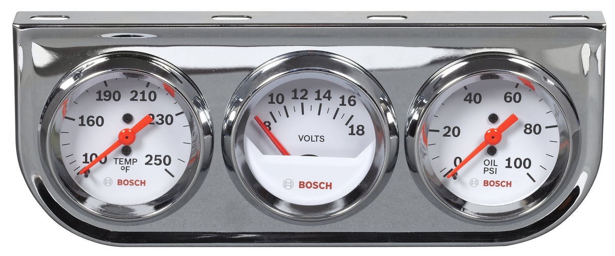 Bosch triple gauge front view showing white dials and chrome bezels for clear readings