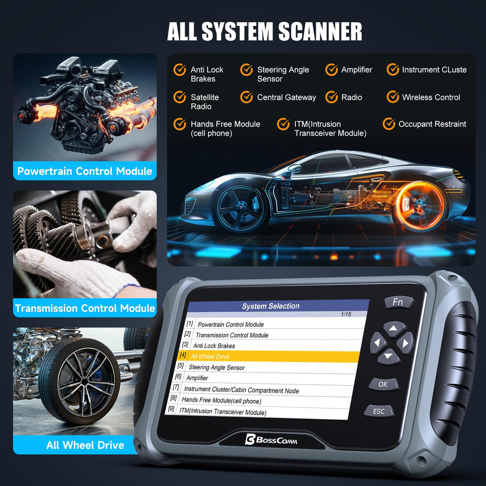 BC BossComm IF745 hooked to vehicle ECU with cable to perform full-system scan