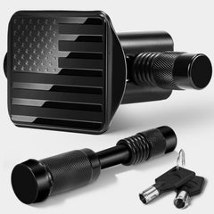 BougeRV hitch cover front view showing sleek black finish and flag branding for durable protection