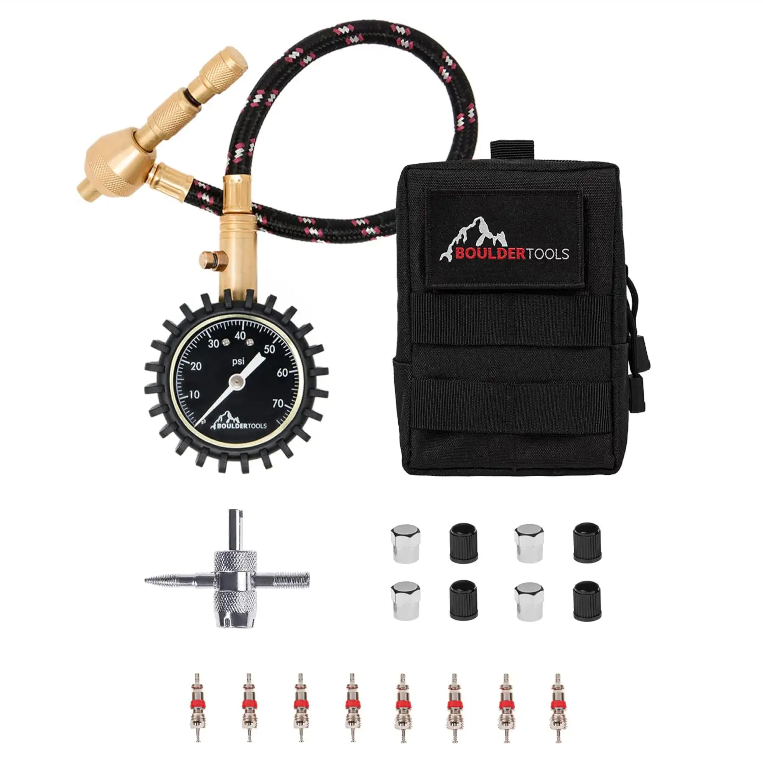 Boulder Tools front view of deflator kit showing gauge and button for rapid air-down