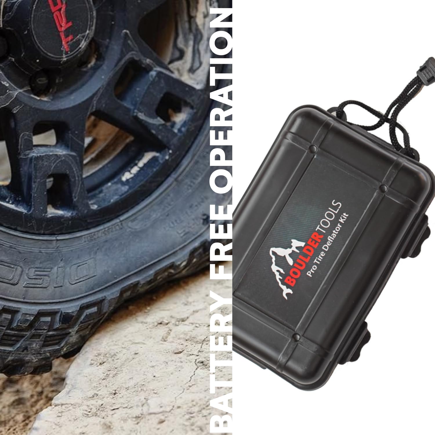 Boulder Tools attached to a truck tire illustrating fast air-down convenience