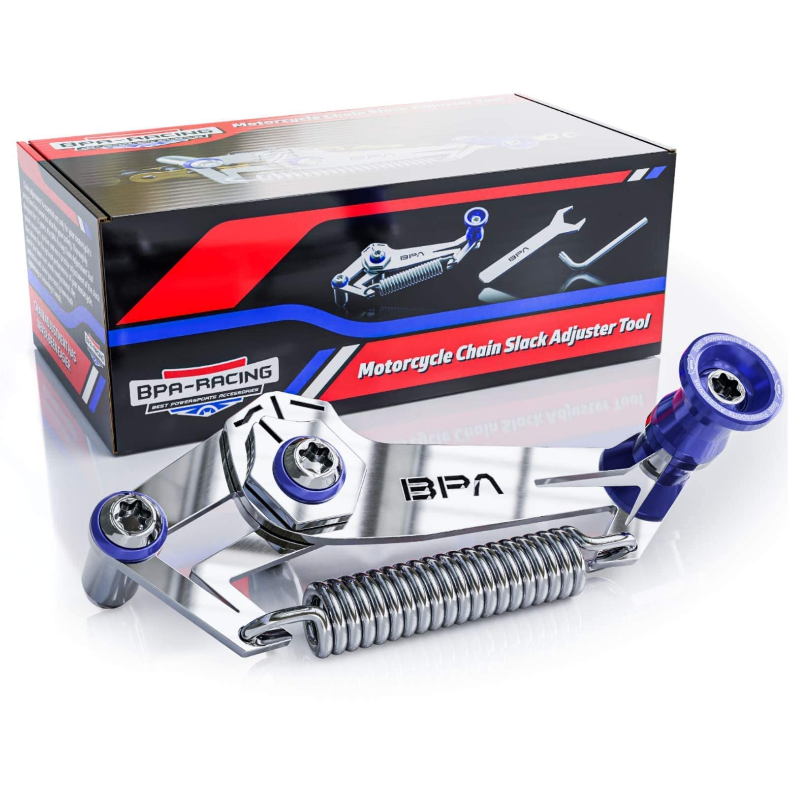 BPA-RACING front view of blue chain slack adjuster showing compact design and easy handling