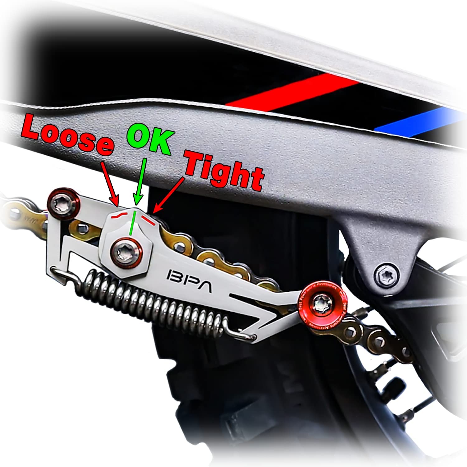 BPA-RACING tool in use on motorcycle demonstrating fast chain adjustment