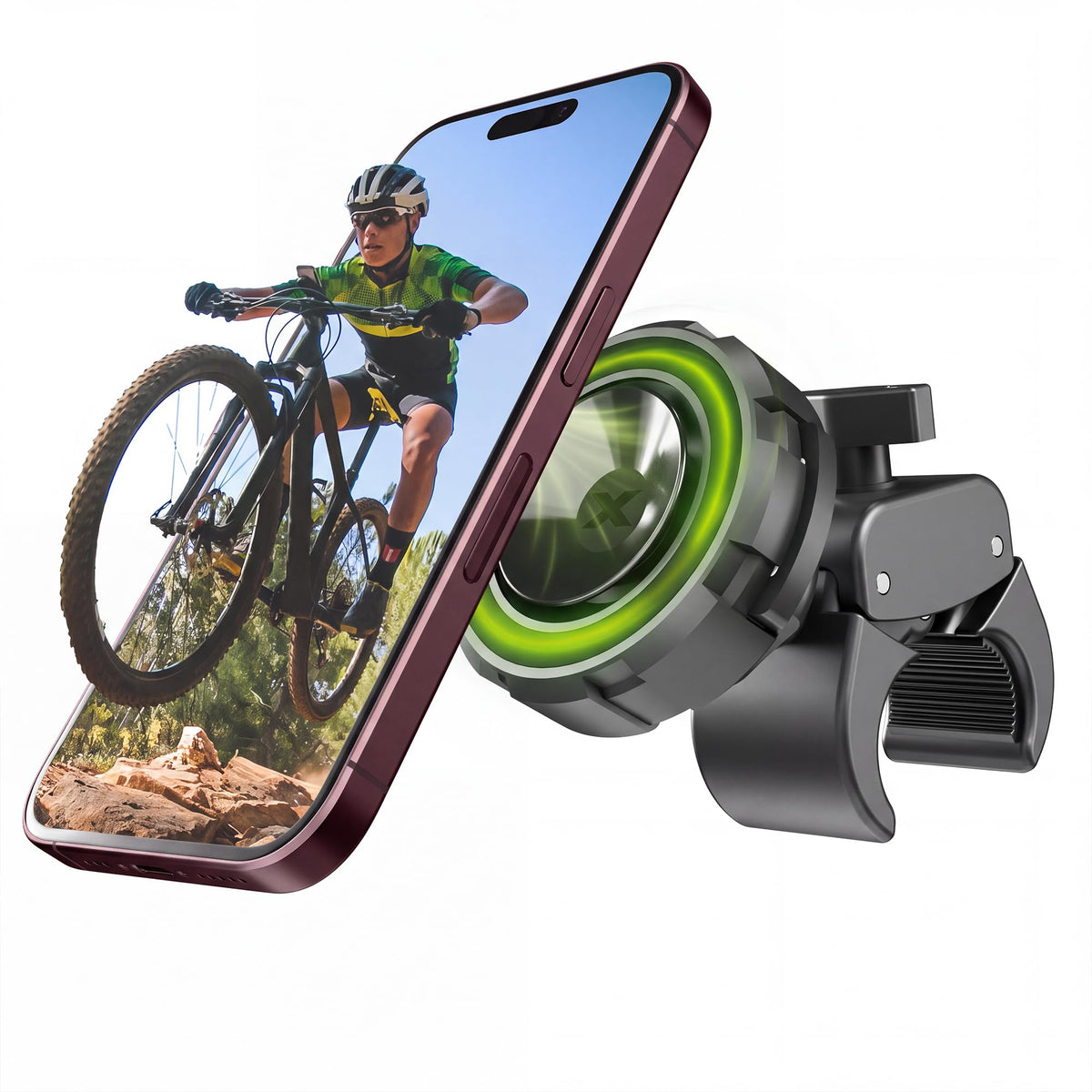 Bracketron front view showing MagAlign MAX magnetic bike mount with neat design and benefit