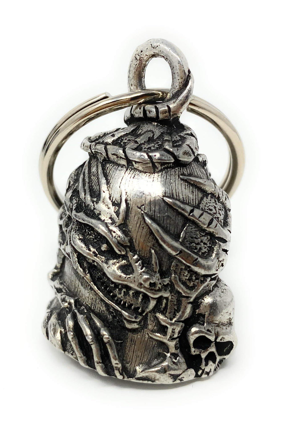 Bravo Bells skull dragon attached to motorcycle low fork for audible ringing benefit