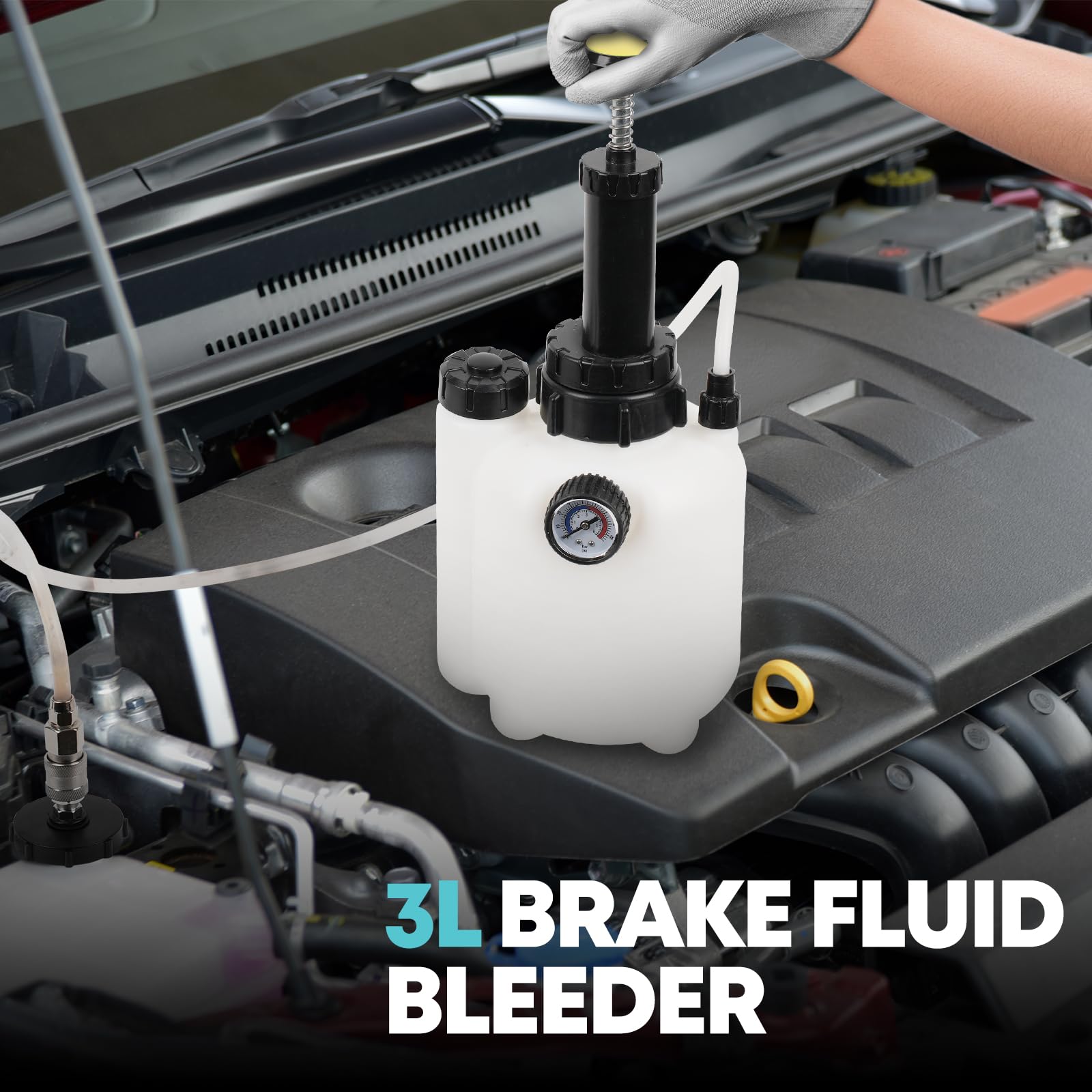 BreeRainz bleeder in use collecting expelled brake fluid for clean work