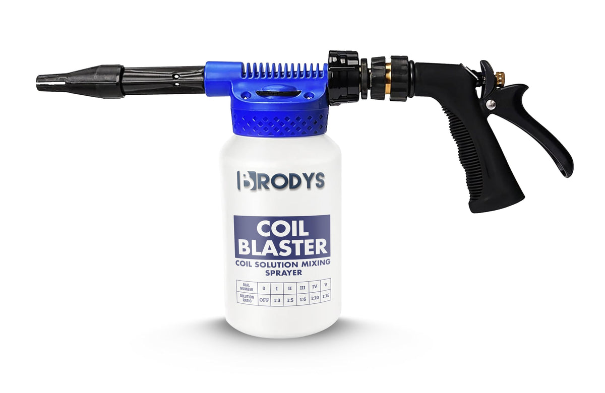 BRODYS Coil Blaster front view showing whole sprayer and benefits