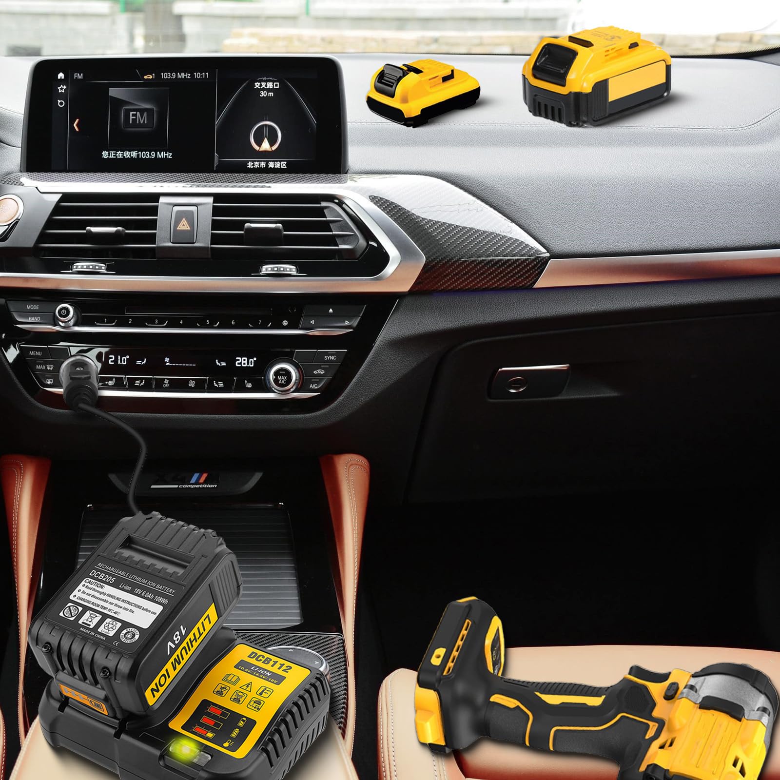 BTRUI DCB112 plugged into car socket with tools, keeps batteries charged between jobs