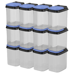 Buddeez front view of 12-pack showing clear bins and blue lids for neat storage
