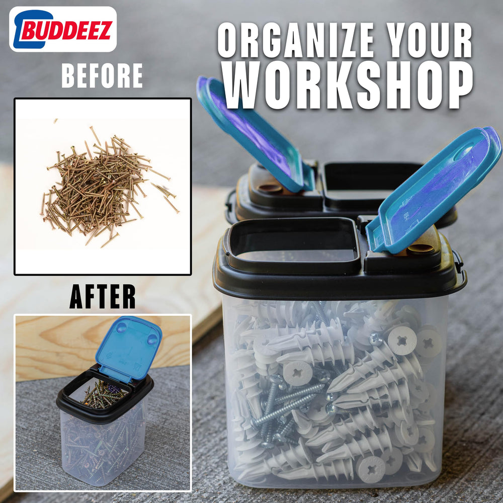 Buddeez open bin filled with screws showing easy access and organized parts
