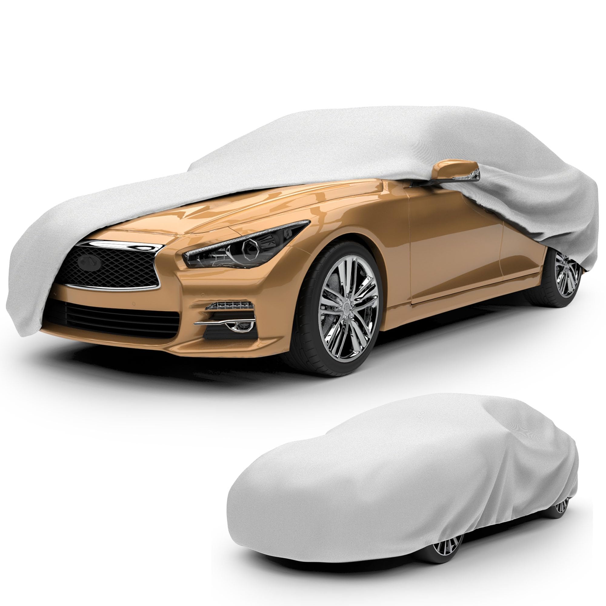 Budge front view showing full sedan coverage and dust protection