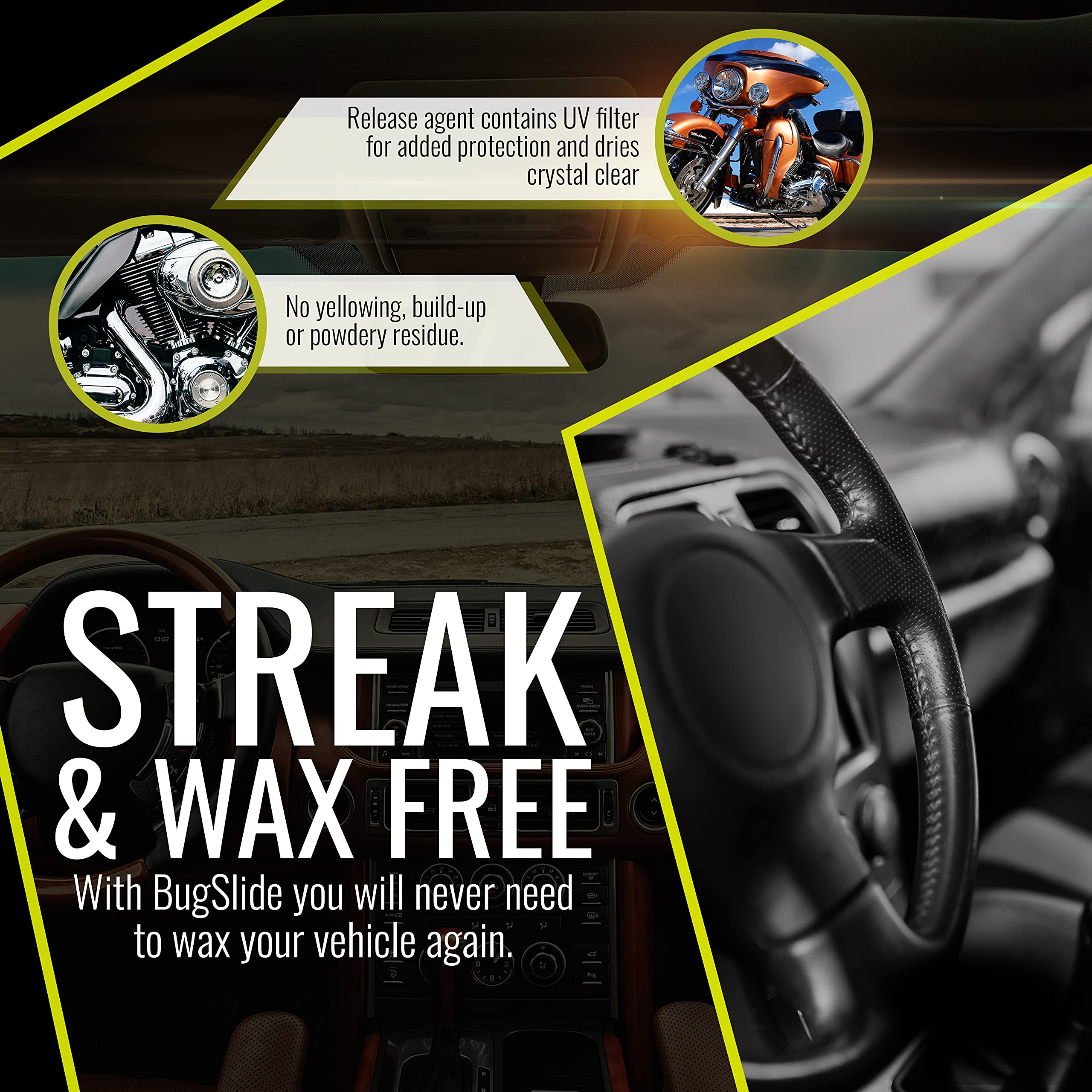 BugSlide cleaning windshield glass to remove spots for improved visibility and clarity