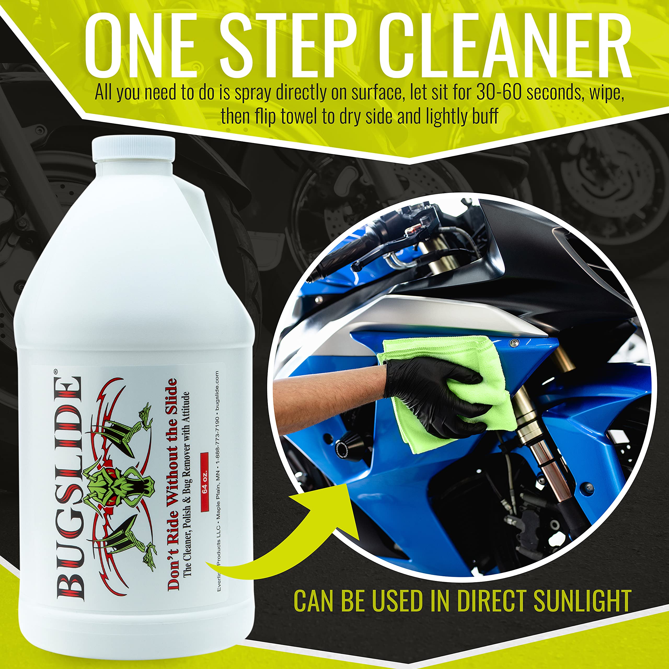 Hand holding BugSlide 64 oz next to spray bottle showing refill scale