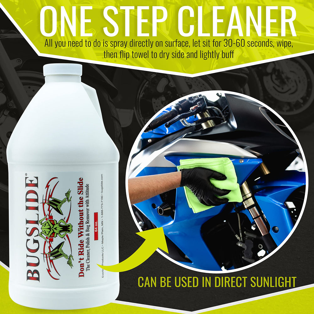 Hand holding BugSlide 64 oz next to spray bottle showing refill scale
