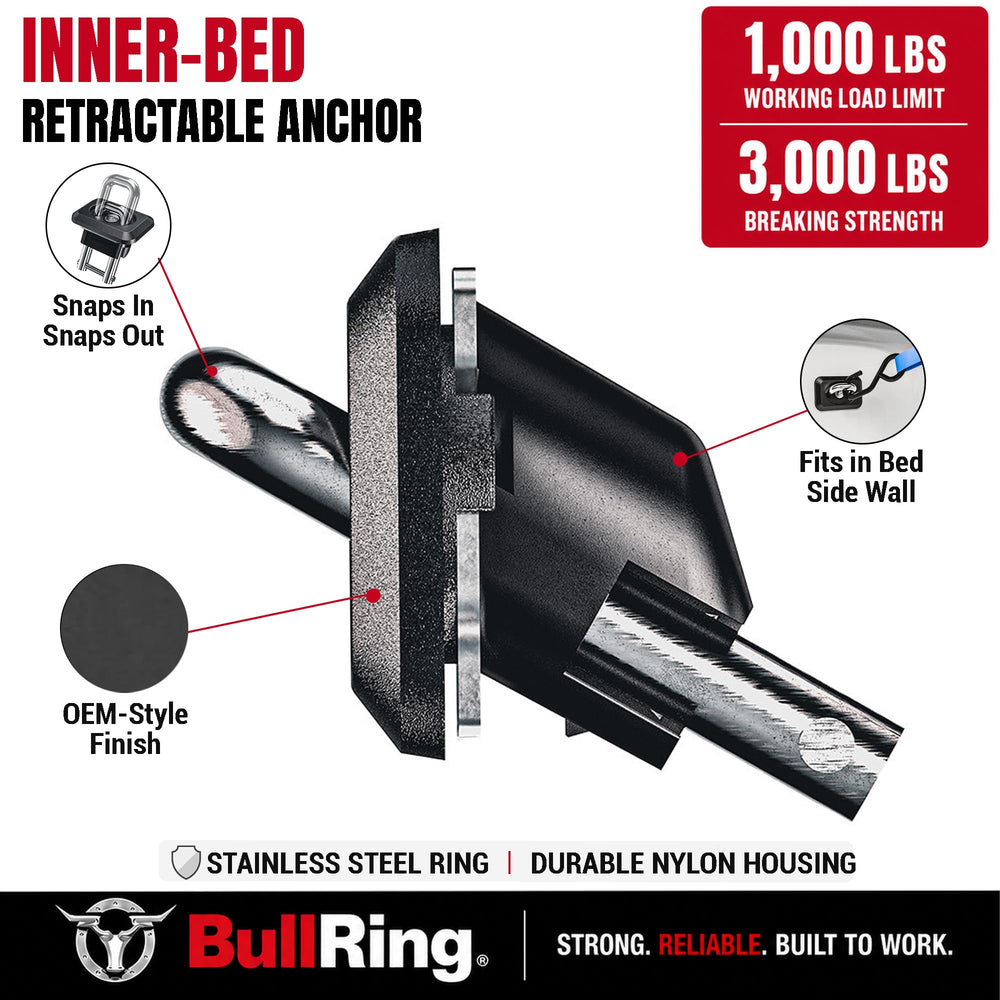 Bull Ring anchor recessed flush in bed pocket for clean, rattle-free bed