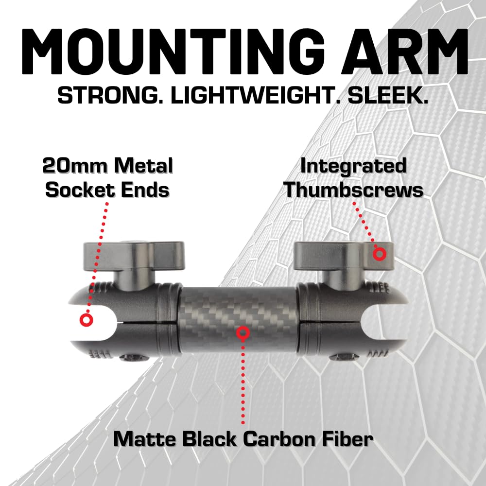 Bulletpoint arm connector closeup showing 20mm aluminum socket and secure fit benefit