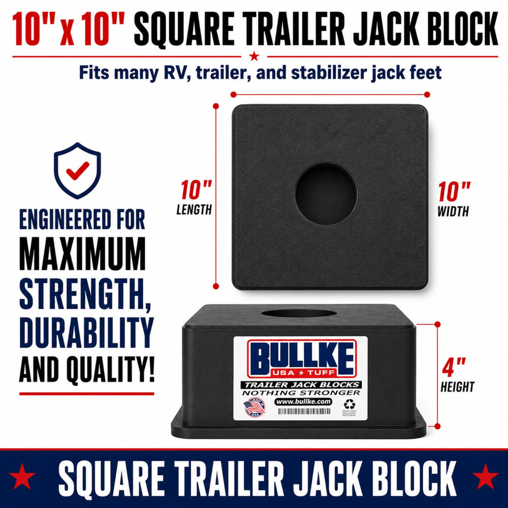 BULLKE block placed under a tongue jack offering steady, centered support