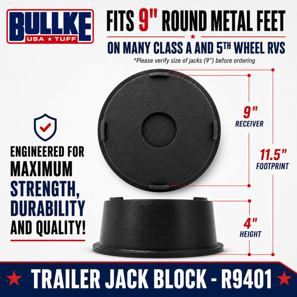 bullke block positioned under a trailer tongue jack providing stable support