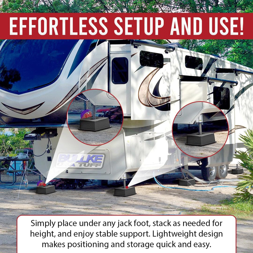 BULLKE blocks under a trailer in campsite setting improving jack stability