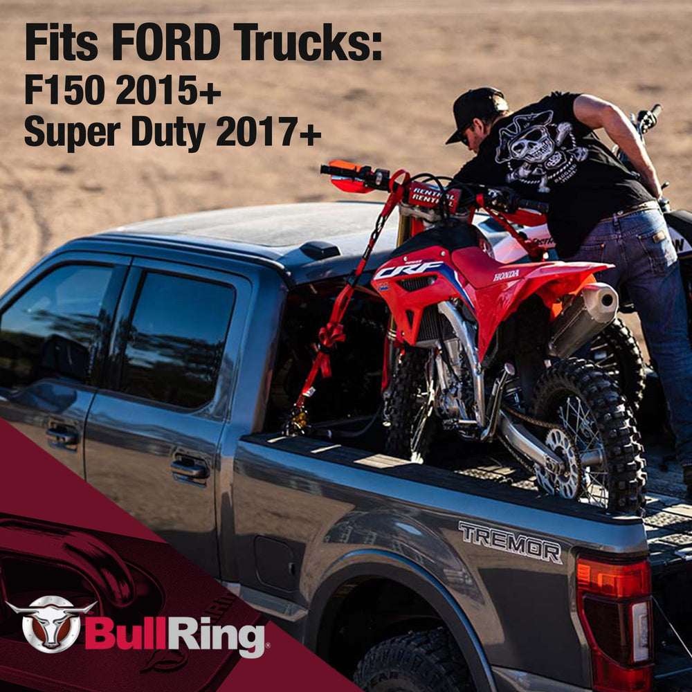 BullRing anchors securing an ATV in a truck bed for safe transport