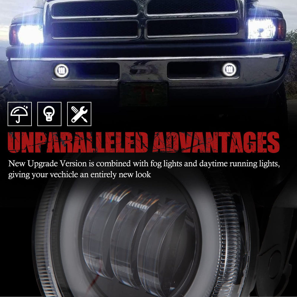 BUNKER INDUST fog lights installed on Dodge Ram front for modernized appearance
